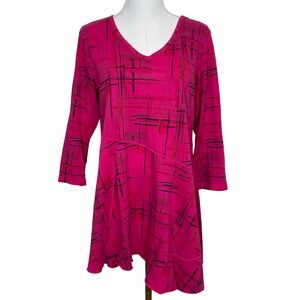 CMC Color Me Cotton Pink Abstract Print V Neck Tunic Top S Made in USA Lagenlook